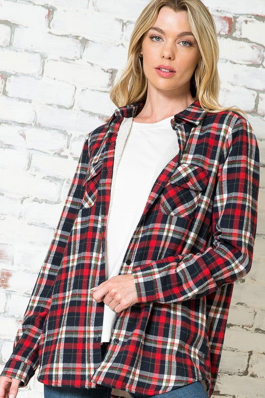 E Luna Plus Fuzzy Plaid Buttondown Shirts us.meeeshop - 