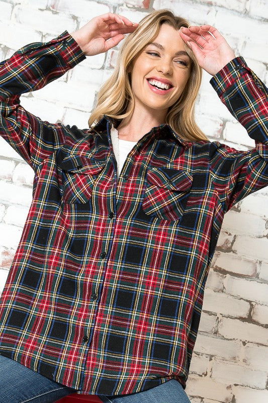 E Luna Plus Fuzzy Plaid Buttondown Shirts us.meeeshop - 