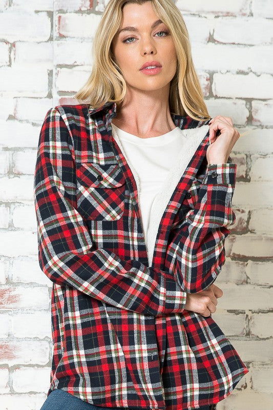 E Luna Plus Fuzzy Plaid Buttondown Shirts us.meeeshop - 