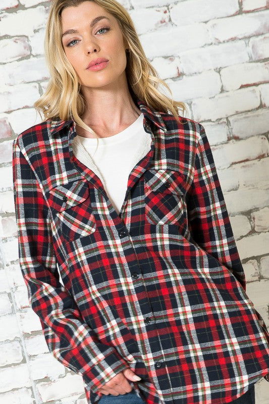 E Luna Plus Fuzzy Plaid Buttondown Shirts us.meeeshop - 