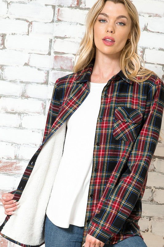 E Luna Plus Fuzzy Plaid Buttondown Shirts us.meeeshop - 