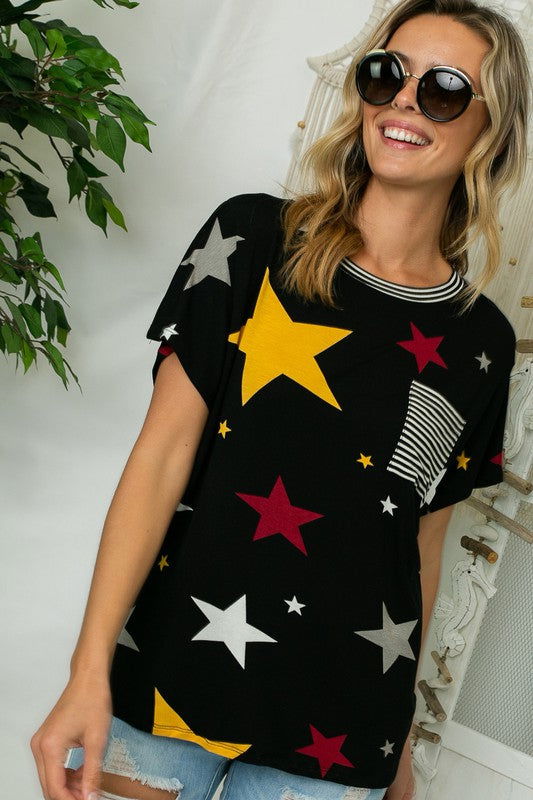 E Luna Plus Star Stripe Jersey Pocket Top us.meeeshop - 