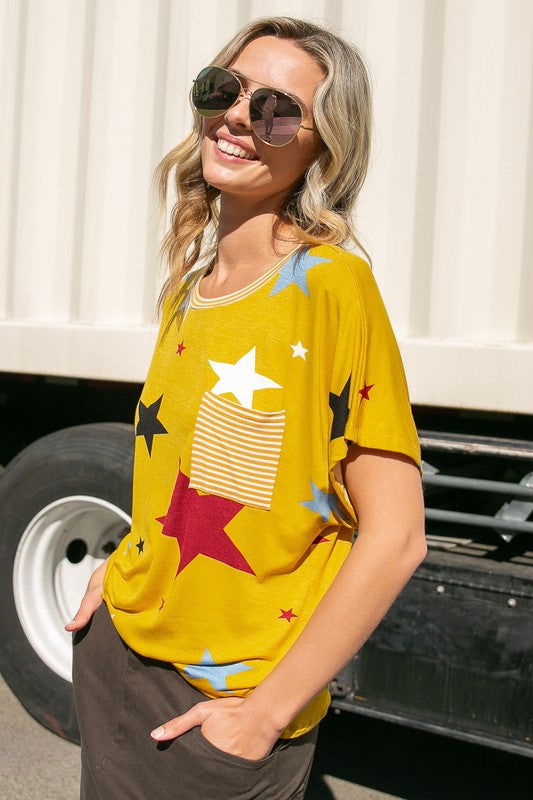 E Luna Plus Star Stripe Jersey Pocket Top us.meeeshop - 