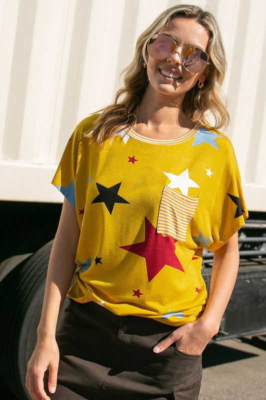 E Luna Plus Star Stripe Jersey Pocket Top us.meeeshop - 