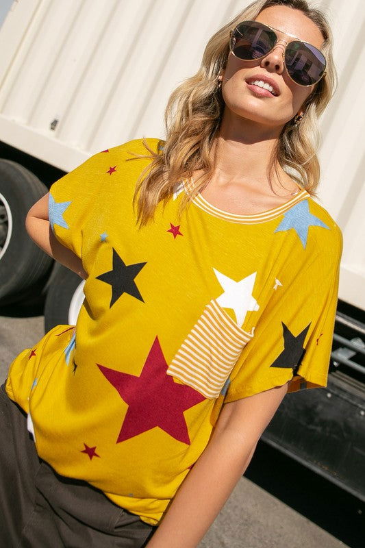 E Luna Plus Star Stripe Jersey Pocket Top us.meeeshop - Shirts & Tops