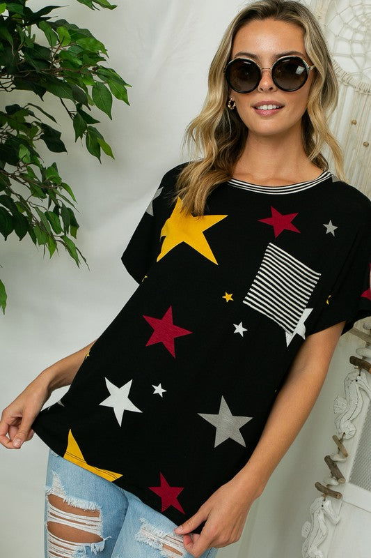 E Luna Plus Star Stripe Jersey Pocket Top us.meeeshop - 