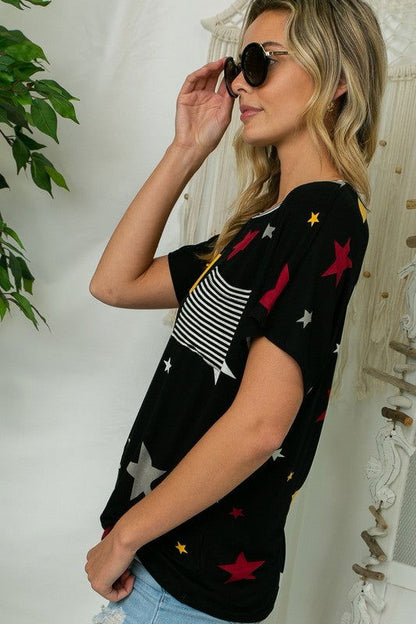 E Luna Plus Star Stripe Jersey Pocket Top us.meeeshop - 