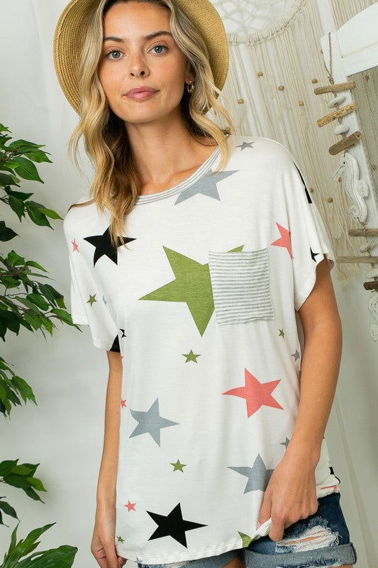 E Luna Plus Star Stripe Jersey Pocket Top us.meeeshop - 