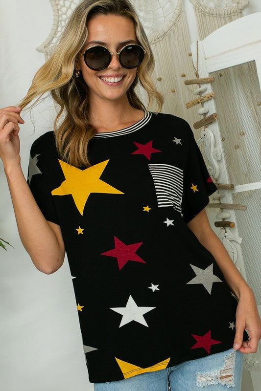 E Luna Plus Star Stripe Jersey Pocket Top us.meeeshop - 