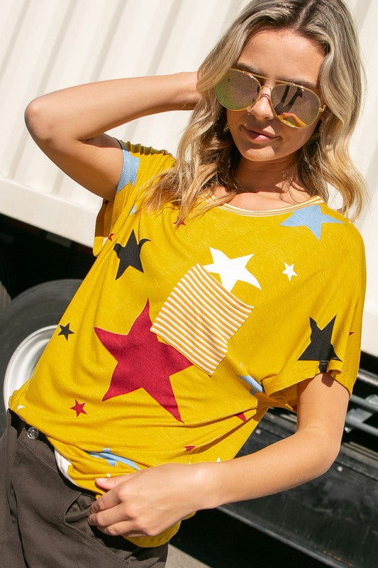 E Luna Plus Star Stripe Jersey Pocket Top us.meeeshop - 