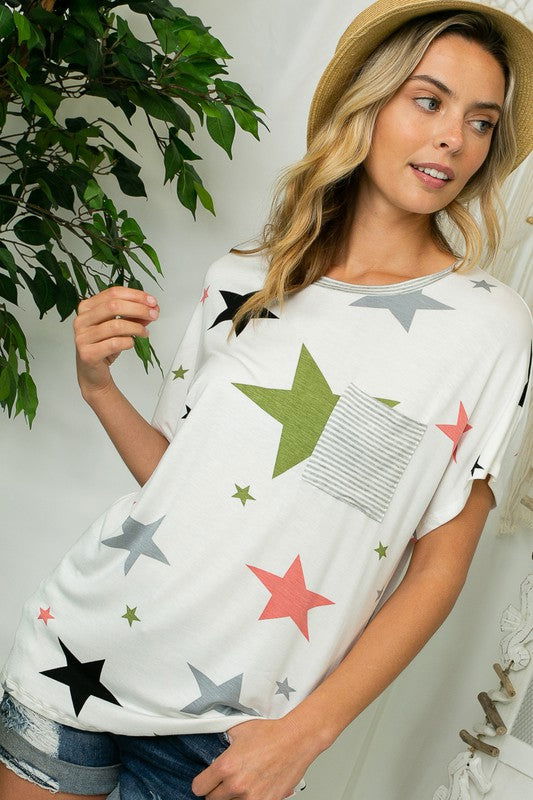 E Luna Plus Star Stripe Jersey Pocket Top us.meeeshop - 