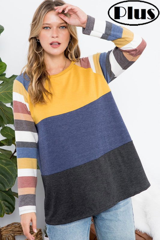 E Luna Plus Stripe Colorblock Top us.meeeshop - Shirts & Tops