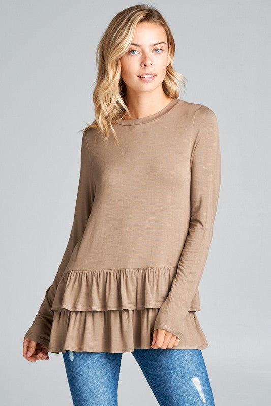 E Luna Ruffle Bottom Long Sleeve Round Neck Tunic Top us.meeeshop - 