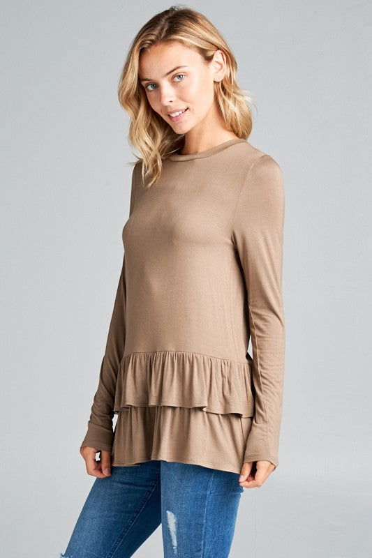 E Luna Ruffle Bottom Long Sleeve Round Neck Tunic Top us.meeeshop - 