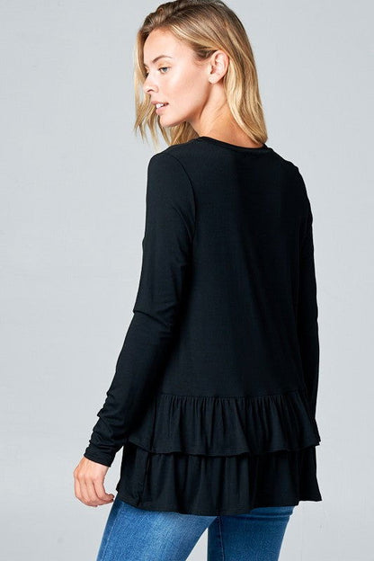 E Luna Ruffle Bottom Long Sleeve Round Neck Tunic Top us.meeeshop - 