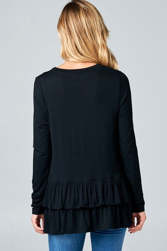 E Luna Ruffle Bottom Long Sleeve Round Neck Tunic Top us.meeeshop - 