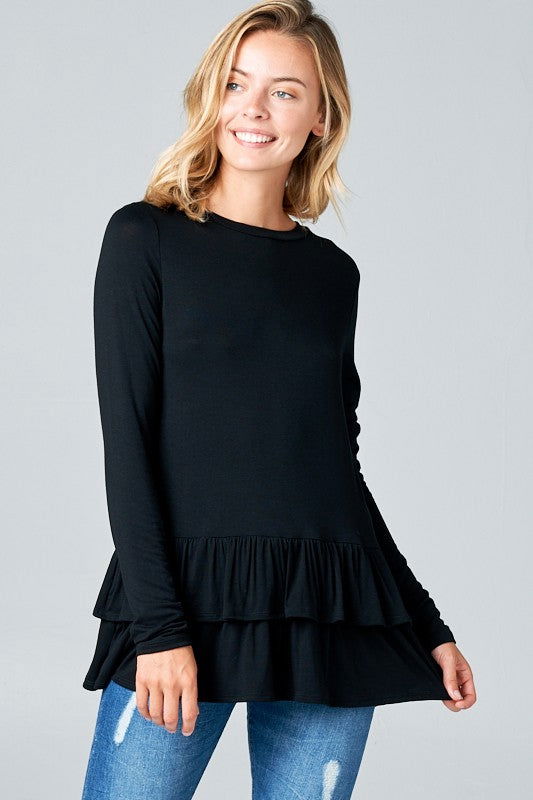 E Luna Ruffle Bottom Long Sleeve Round Neck Tunic Top us.meeeshop - 