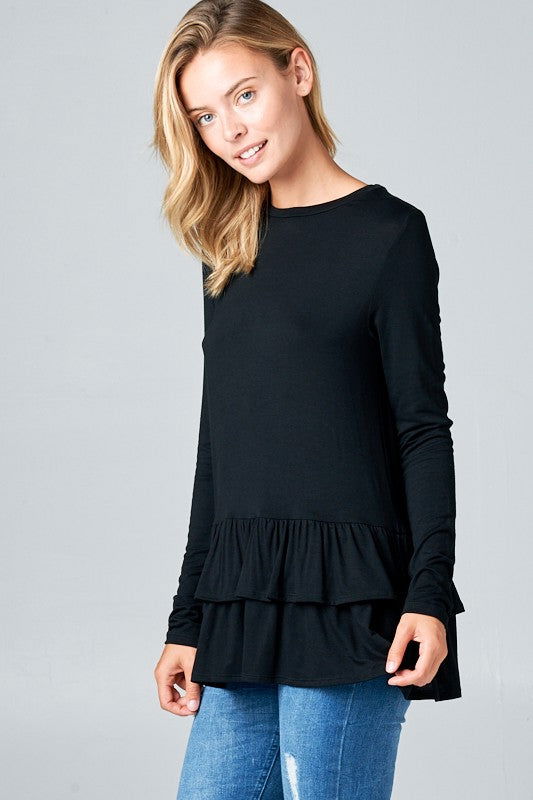 E Luna Ruffle Bottom Long Sleeve Round Neck Tunic Top us.meeeshop - 