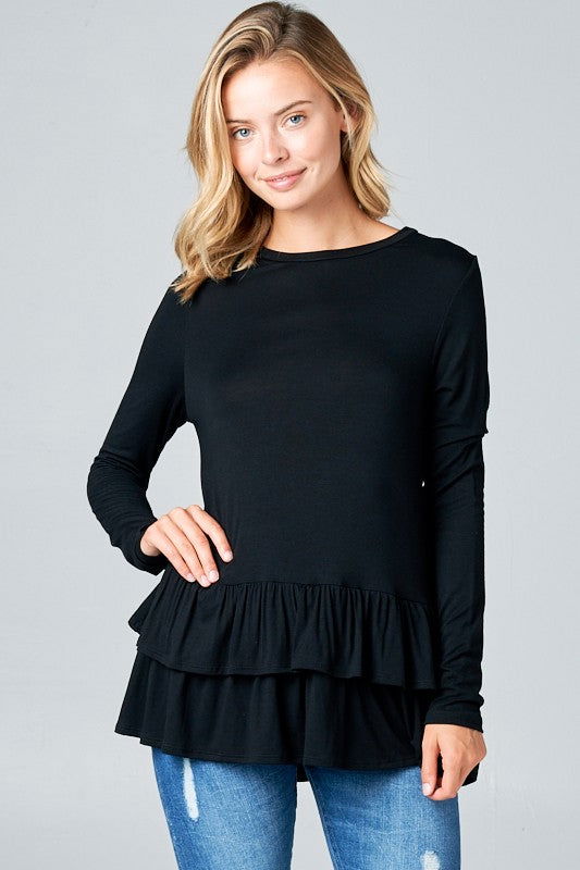 E Luna Ruffle Bottom Long Sleeve Round Neck Tunic Top us.meeeshop - Shirts & Tops