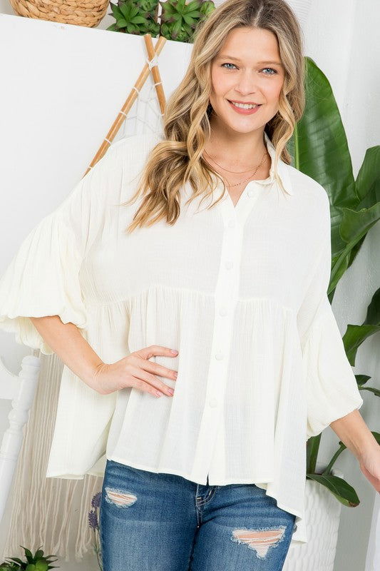 E Luna Solid Button Down Blouse us.meeeshop - 