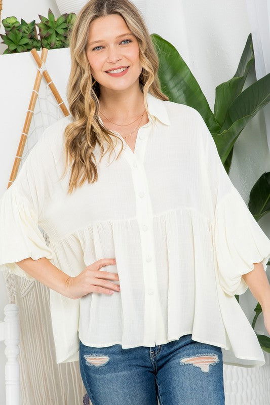 E Luna Solid Button Down Blouse us.meeeshop - 