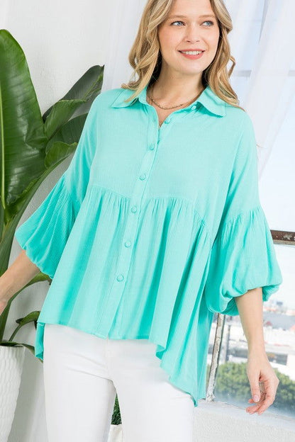 E Luna Solid Button Down Blouse us.meeeshop - 