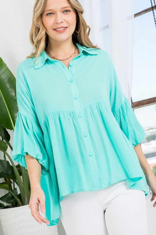 E Luna Solid Button Down Blouse us.meeeshop - 