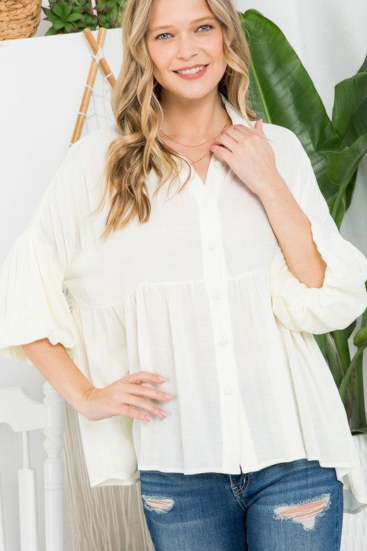 E Luna Solid Button Down Blouse us.meeeshop - 