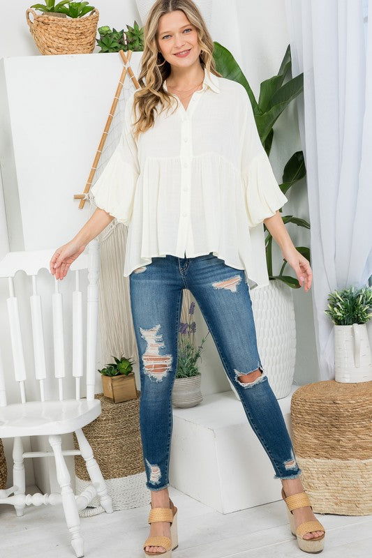 E Luna Solid Button Down Blouse us.meeeshop - 