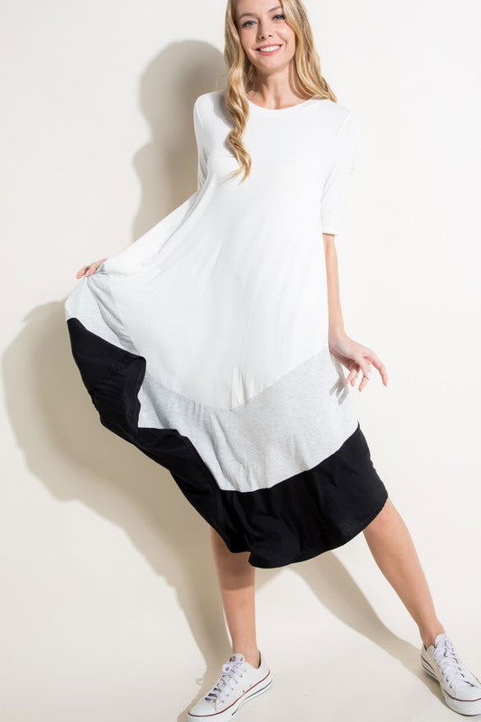 E Luna Solid Color Block Swing Dress us.meeeshop - 