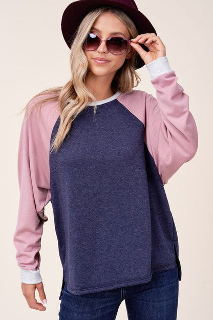 E Luna Solid Terry Color Block Sweatshirt us.meeeshop - Shirts & Tops