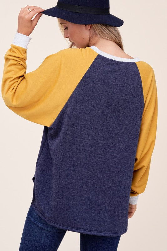 E Luna Solid Terry Color Block Sweatshirt us.meeeshop - 