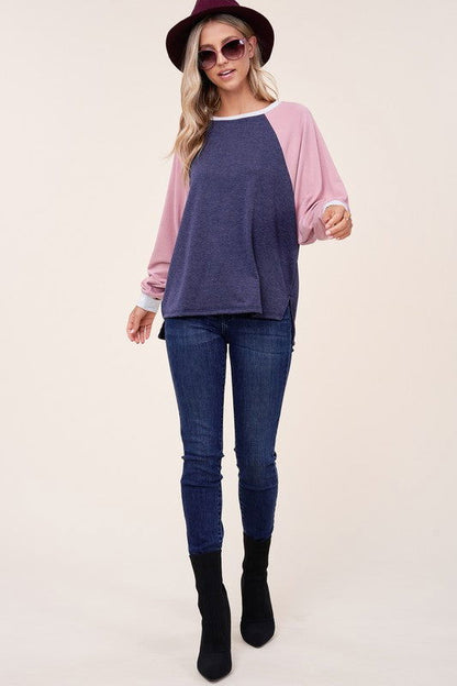 E Luna Solid Terry Color Block Sweatshirt us.meeeshop - 