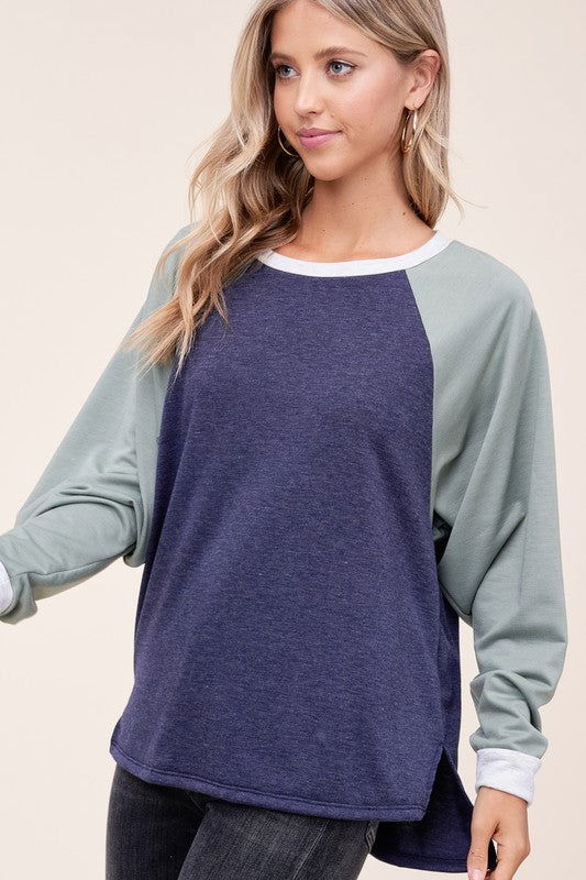 E Luna Solid Terry Color Block Sweatshirt us.meeeshop - 