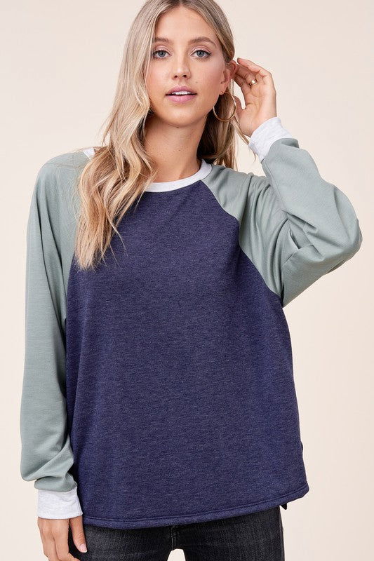 E Luna Solid Terry Color Block Sweatshirt us.meeeshop - 