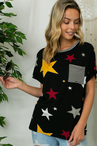 E Luna Star Print Stripe Jersey Pocket Top us.meeeshop - 