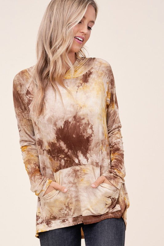 E Luna Tie Dye Print Hoodie High Low Top us.meeeshop - 