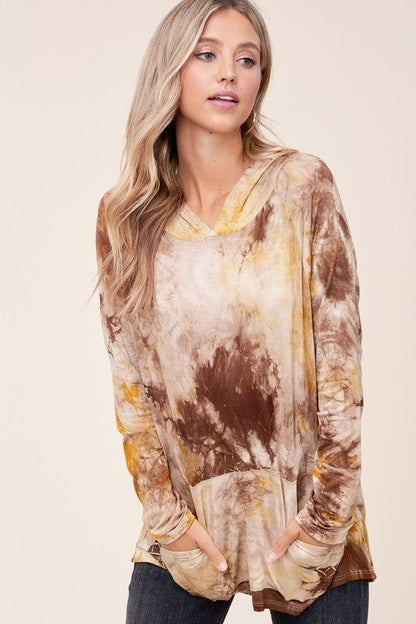 E Luna Tie Dye Print Hoodie High Low Top us.meeeshop - 