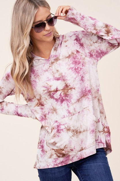 E Luna Tie Dye Print Hoodie High Low Top us.meeeshop - 