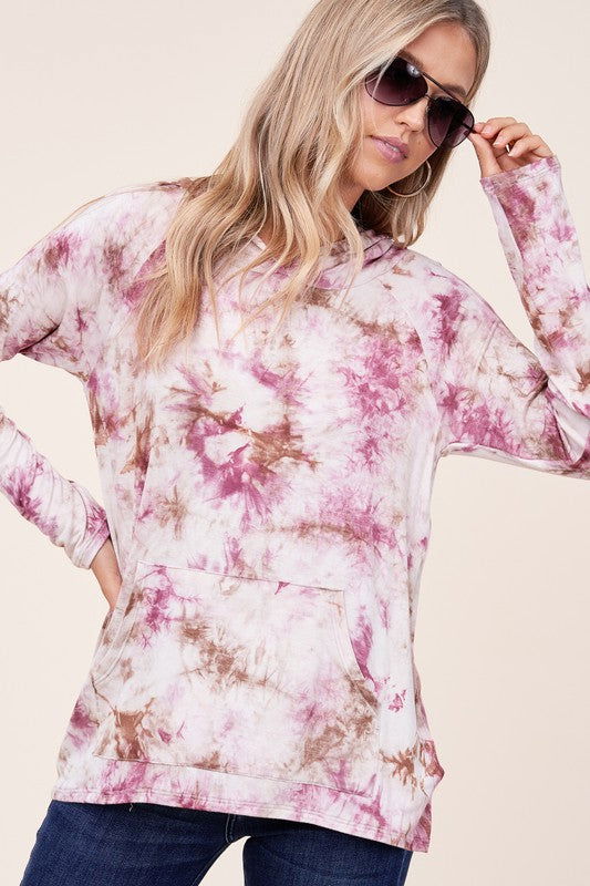 E Luna Tie Dye Print Hoodie High Low Top us.meeeshop - Shirts & Tops