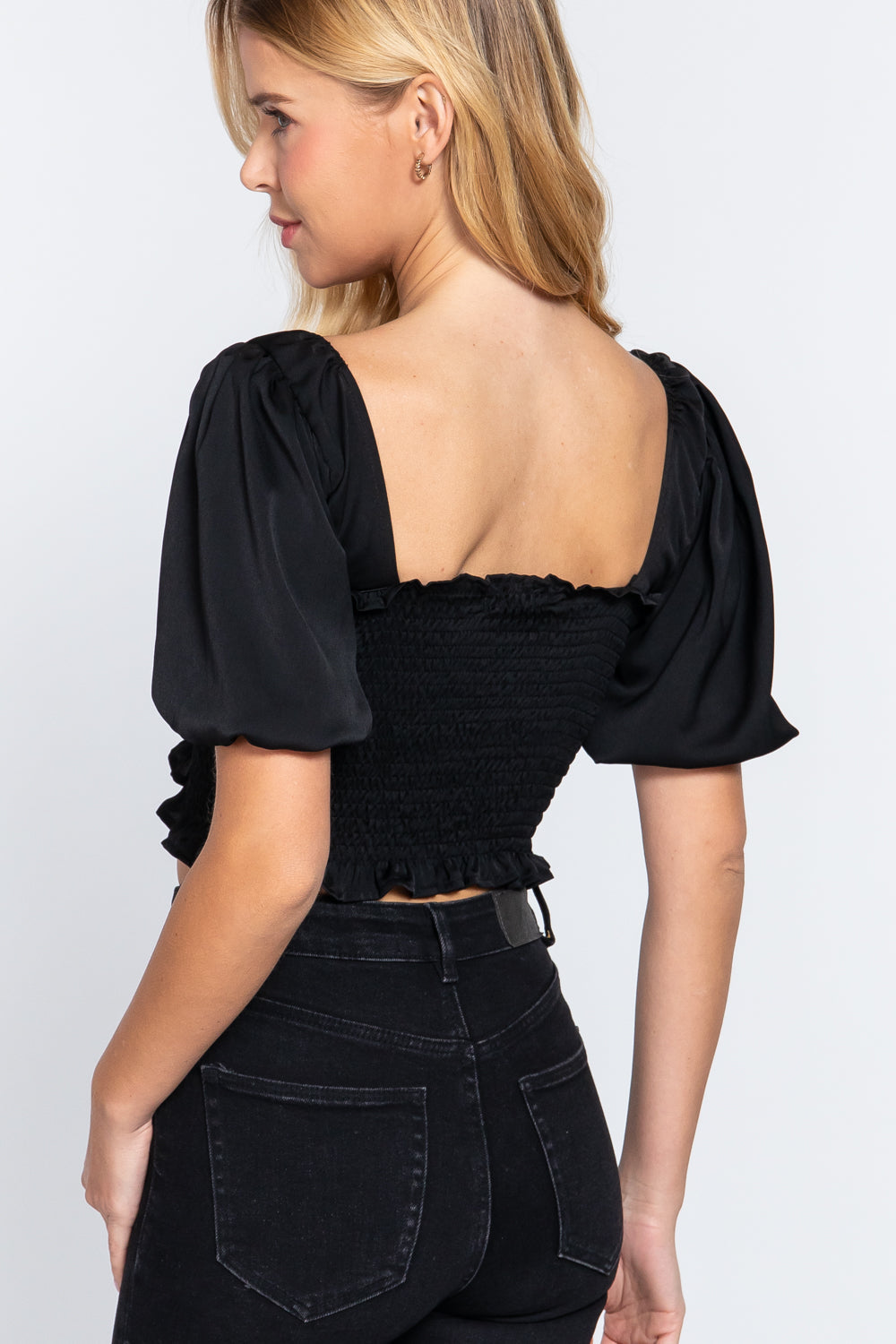 Elbow Sleeve Straight Neck Smocking W/ruffle Detail Woven Top | us.meeeshop