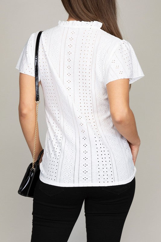 Embroidered eyelet blouse with ruffle | us.meeeshop