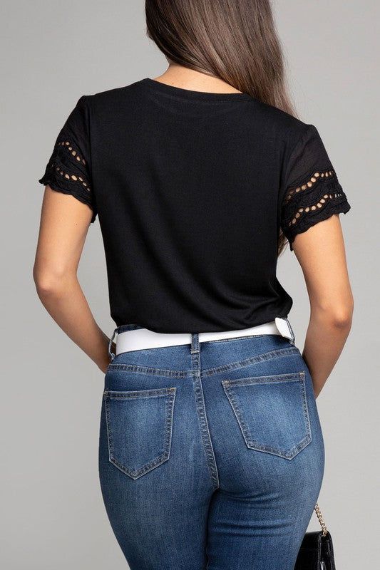 Embroidered eyelet sleeve tee us.meeeshop - 