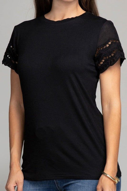 Embroidered eyelet sleeve tee us.meeeshop - 