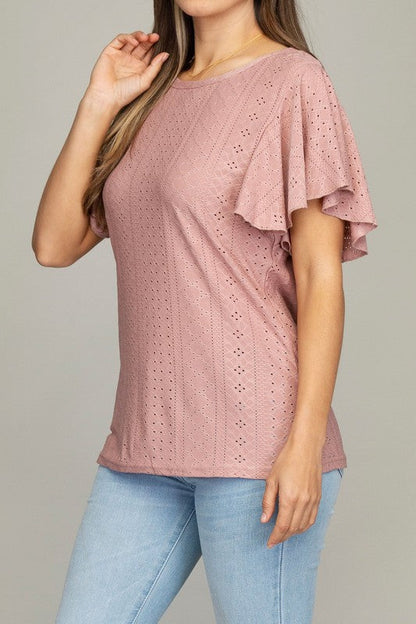 Embroidered eyelet top with wing sleeve | us.meeeshop