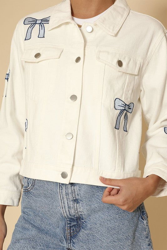 Embroidered bow denim jacket us.meeeshop - 