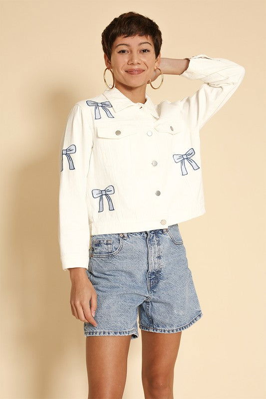 Embroidered bow denim jacket us.meeeshop - 