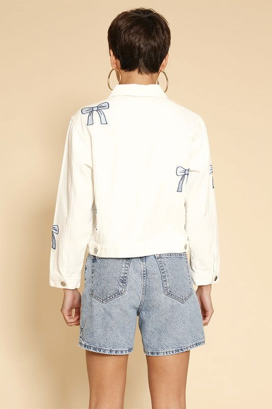 Embroidered bow denim jacket us.meeeshop - 