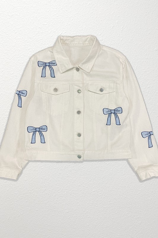 Embroidered bow denim jacket us.meeeshop - 