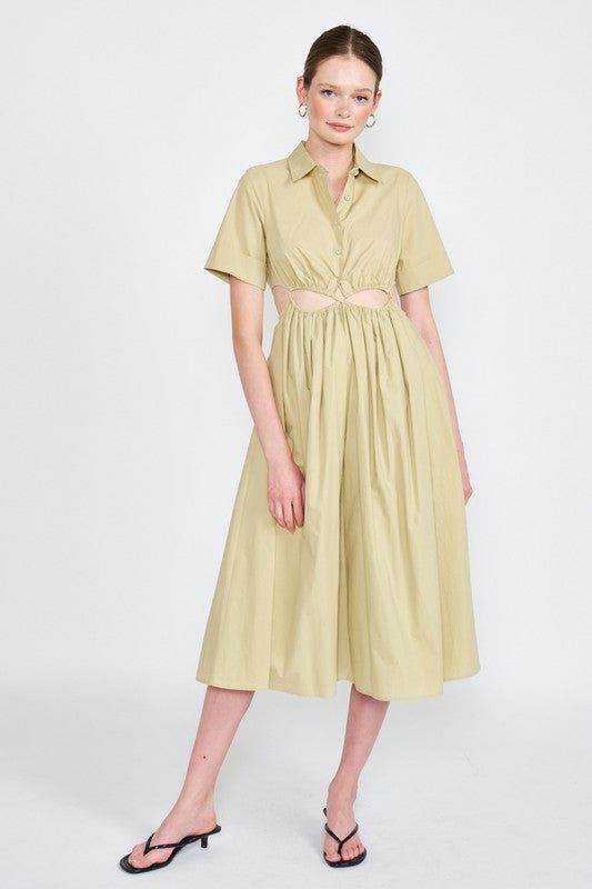 Emory Park | Button Up Collared Midi Dress With Cut Out - us.meeeshop